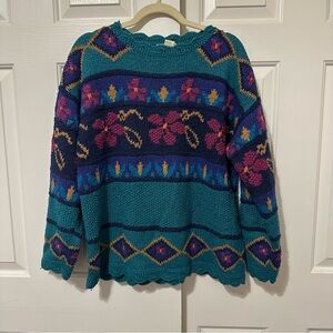 VTG LL Bean Fair Isle Sweater Cotton Blend Women’s M Nordic 90s Floral Ski Snow